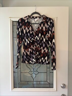 Persaya Black Multi Wave-Print Long Sleeve Blouse